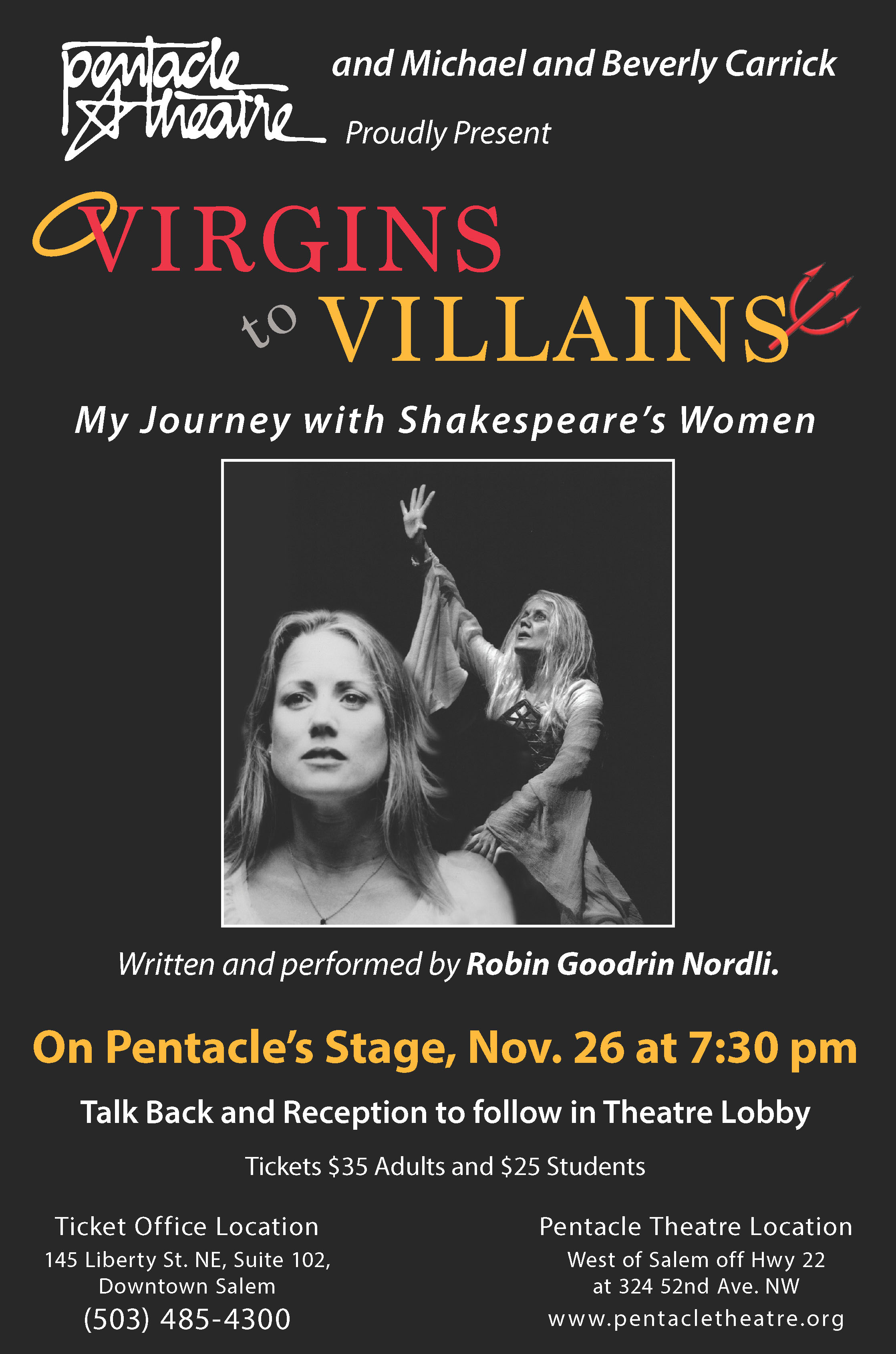 Virgins to Villains, one-woman show, at Pentacle Nov. 26