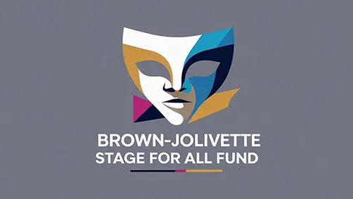 Stage4All_Logo_500w Brown-Jolivette Stage for All Fund logo with a gold blue purple pink and white theatre mask